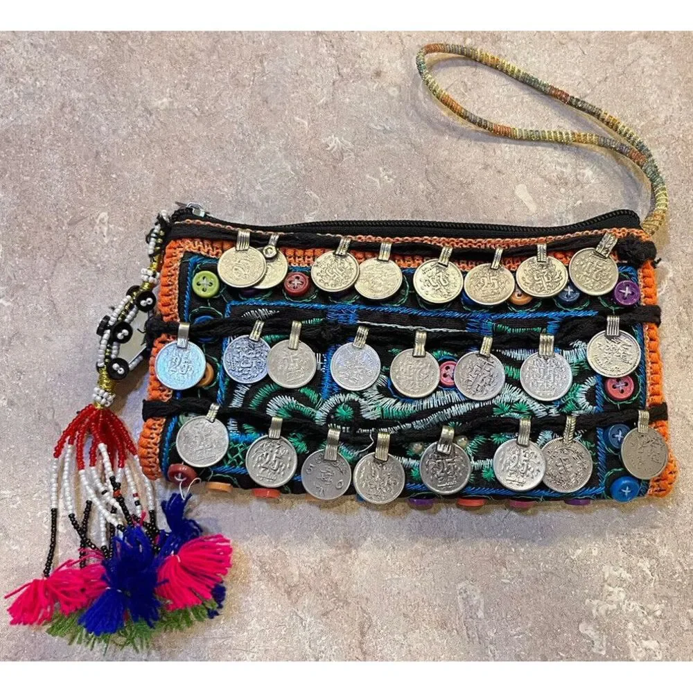 Pakistan 48 Paisa Coin Decorated Purse With Beads Embroidery 1969-1981 Dated - Picture 2 of 16